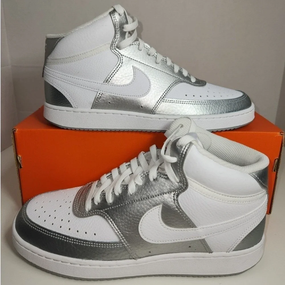Nike Court Vision Mid White Metallic Silver Athletic Shoes Women's Size 10 NWOB